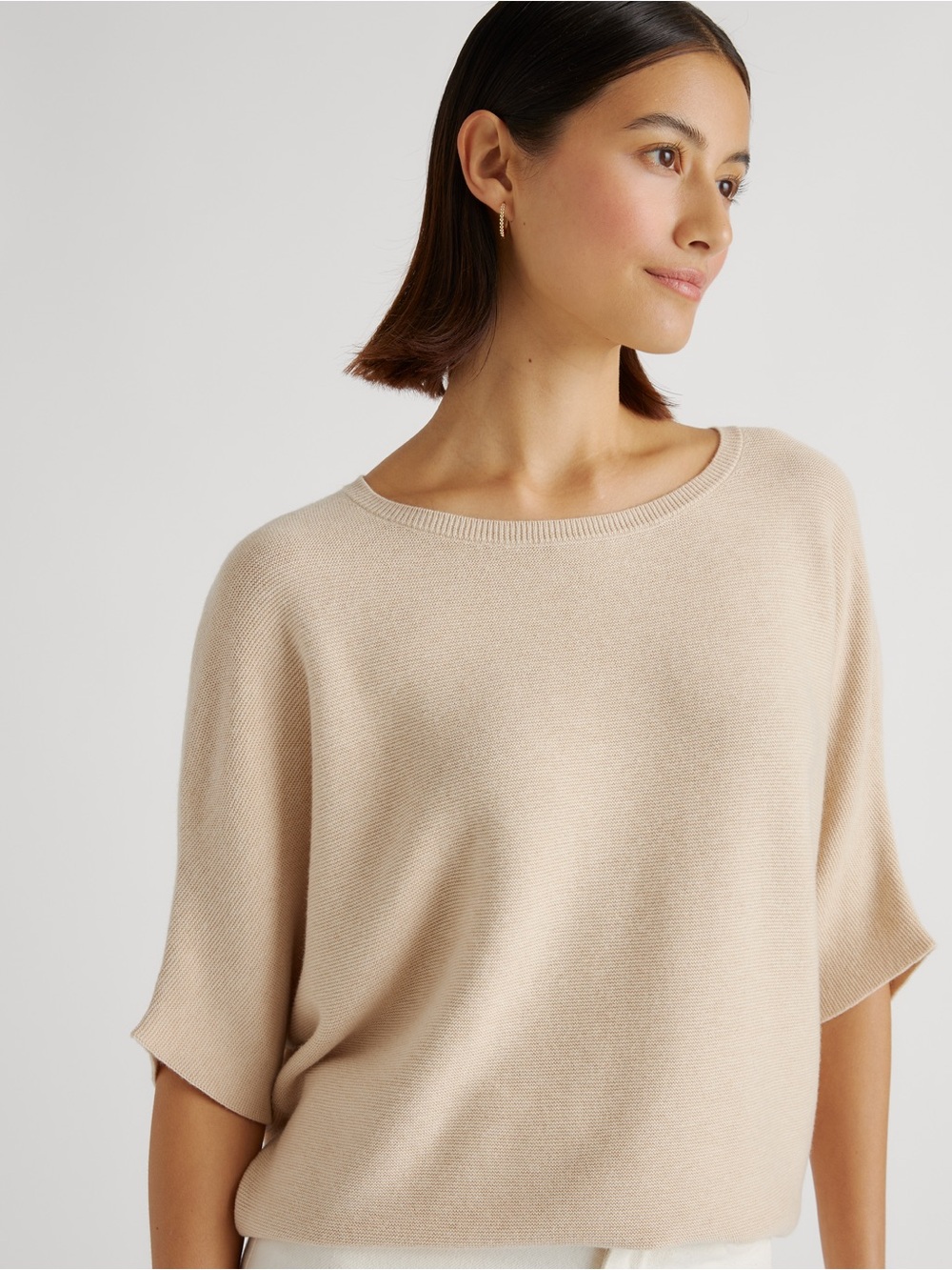 Quince Lightweight Cotton Cashmere Dolman Sweater in Heather Oatmeal - M
